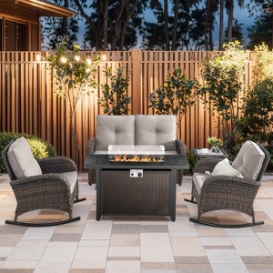 5 Piece Outdoor Patio Furniture Set with 50000BTU Propane Fire Pit Table, Deep Seating Wicker Rocker Chairs and Loveseat Glider Patio Conversation Set - 1 of 4