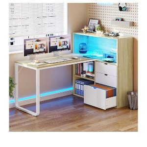 55in L Shaped Desk Office Desk with 3 Drawers & Power Outlets LED Corner Gaming Computer Table with Adjustable Shelf - 1 of 4