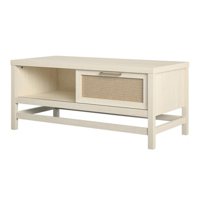 Boho-Chic Ivory Oak Rectangular Coffee Table with Faux Rattan Storage