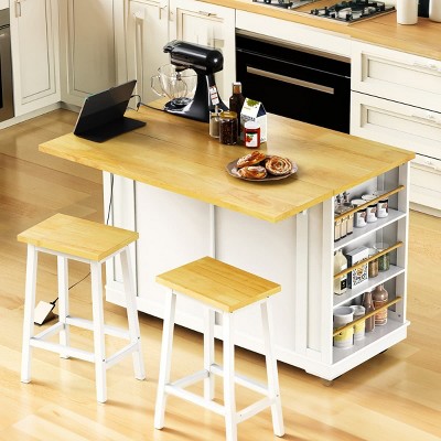 48 in Kitchen Island with Power Outlet, Drop Leaf, 2 Stools, Storage Cabinet and Drawers on Wheels for Kitchen or Dining Room-The Pop Home