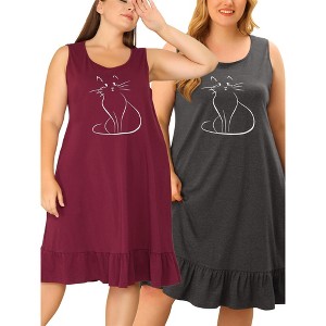 Agnes Orinda Women's Plus Size Cat Pattern Ruffle Hem Sleeveless Comfy Packs Nightgowns - 1 of 4