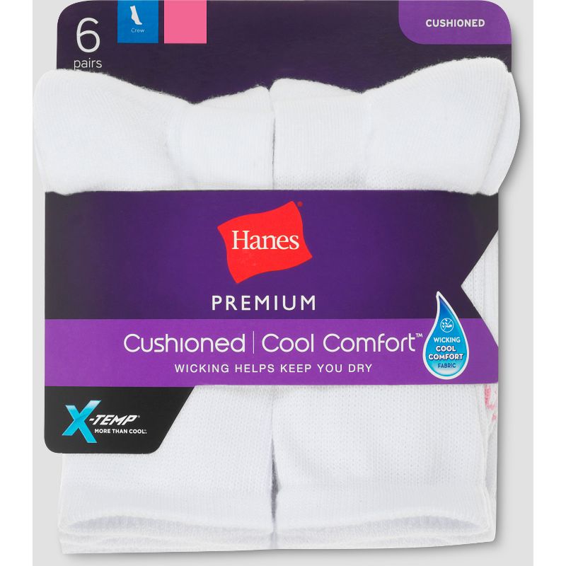 Hanes Premium 6 Pack Women&#39;s Cushioned Crew Socks - White 5-9, 3 of 5