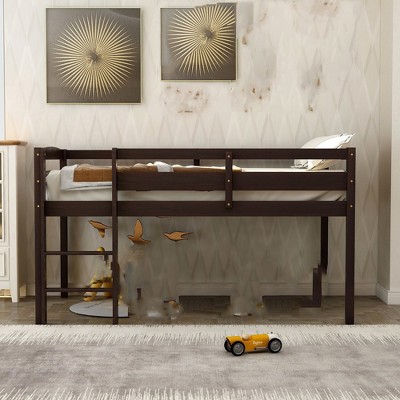 Twin Loft Bed, Solid Wood Low Loft Bed W/Guard And Ladder, No Box Spring Needed, Children Low Loft Bed For Bedroom, Home Kids Room