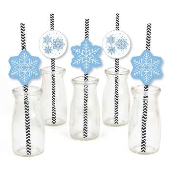 Big Dot of Happiness Blue Snowflakes - Paper Straw Decor - Winter Holiday Party Striped Decorative Straws - Set of 24