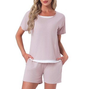 INSPIRE CHIC Women's 2 Pcs Pajama Set Short Sleeve Top with Built-in Bra and Shorts Sleepwear Lounge Sets with Pockets - 1 of 4