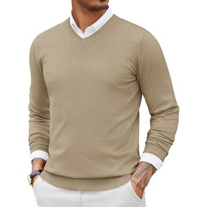 COOFANDY Men Casual V Neck Sweater Ribbed Knit Slim Fit Long Sleeve Pullover Top White - 1 of 4