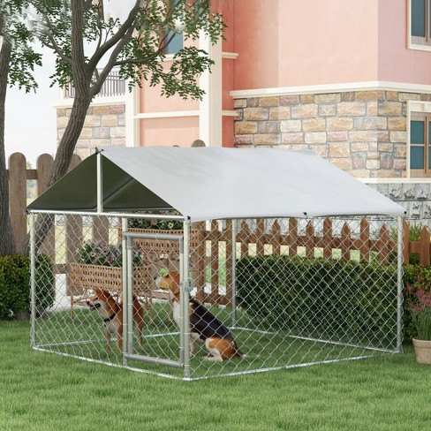 Large Dog Kennel Outdoor Chain Link Dog Run Kennel Heavy Duty Dog Crate Silver With Waterproof Cover Secure Lock Cuddlewood