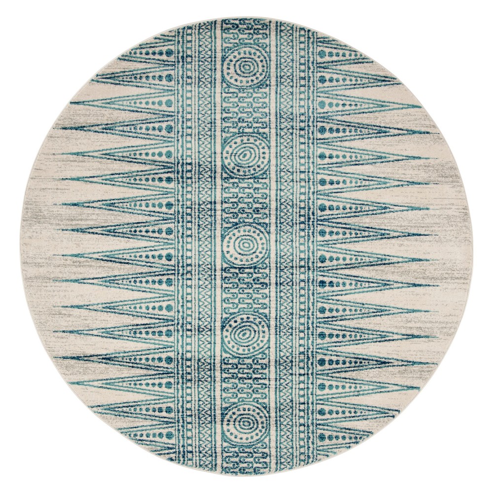 6'7in Geometric Design Loomed Round Area Rug Ivory/Turquoise - Safavieh