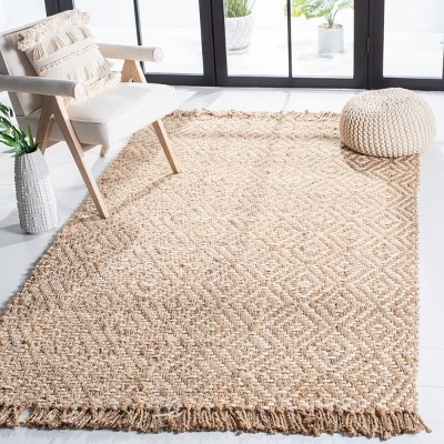 Ivory and Natural Hand-Knotted Geometric Jute Rug