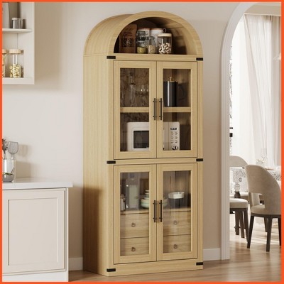 Arched Bookshelf with Doors and Drawers Farmhouse Bookcase Display Storage Shelves 71.4in Tall Display Cabinet Rounded Bookcases