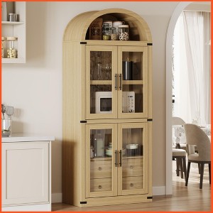 Arched Bookshelf with Doors and Drawers Farmhouse Bookcase Display Storage Shelves 71.4in Tall Display Cabinet Rounded Bookcases - 1 of 4