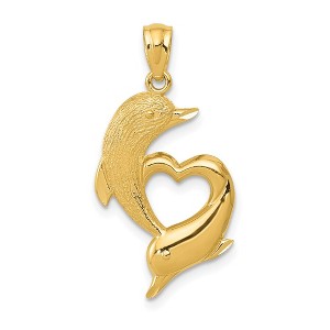 Black Bow Jewelry 14k Yellow Gold Textured & Polished Dolphins & Heart Pendant, 14x25mm - 1 of 4