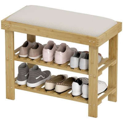 SEVOBAL 3-Tier Shoe Rack for Entryway Bamboo Shoe Bench with Cushion Padded Seat for Indoor Entrance Hallway Bedroom, Beige, 26.87"*15.75"*21.26"