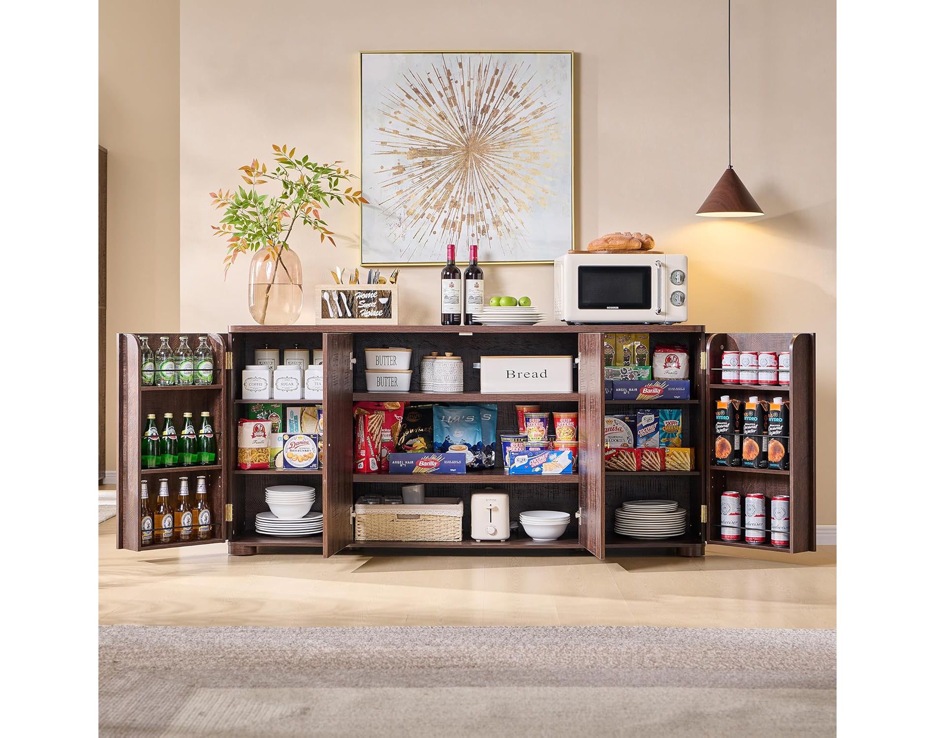 Kitchen Buffet Sideboard Cabinet with 4 Doors and Shelves, Modern Large Sideboard Buffet Storage Cabinet, 66" Coffee Bar Storage Cabinet