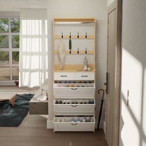 Tall, modern shoe cabinet with 3 flip-top doors, 2 drawers, and 8 hooks  freestanding shoe cabinet - 1 of 4