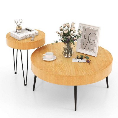 Yukimo 2-Set Wooden Coffee Table with Metal Legs and Adjustable Foot Pads, Durable Pine Wood Top, Rustproof Frame, Easy Assembly