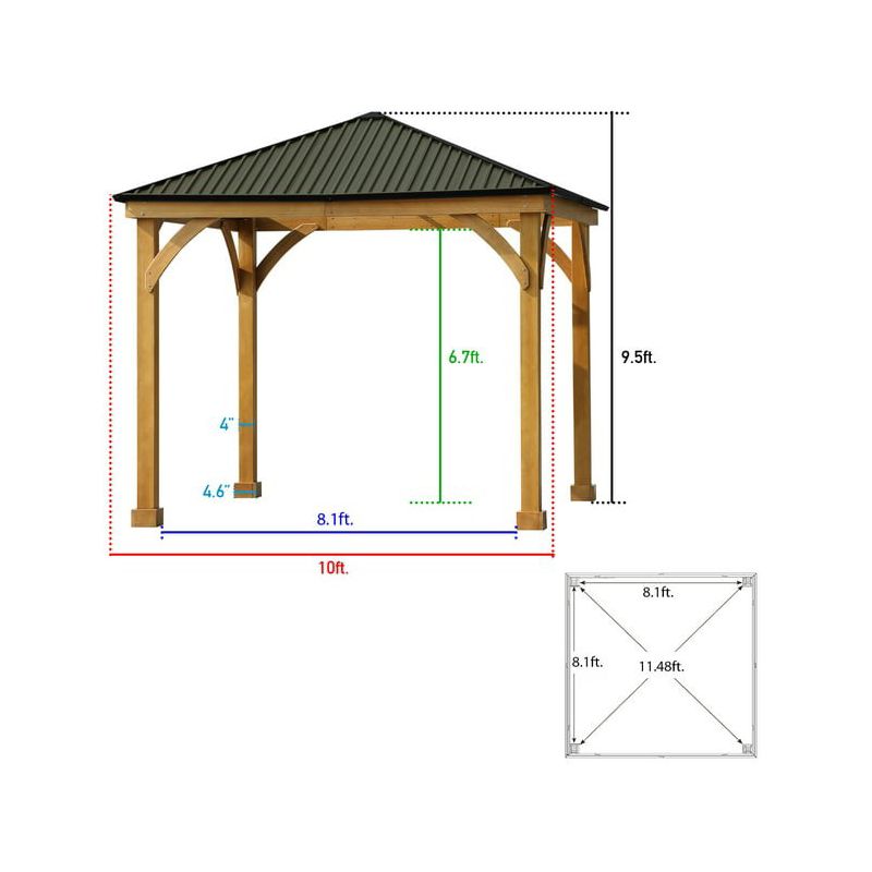 Aoodor Patio Solid Wooden Gazebo 10 x 10 ft. Hardtop Roof for Garden, 5 of 6