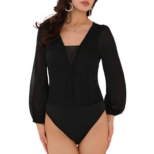 INSPIRE CHIC Women's Lace V Neck Chiffon Puff Sleeve Dressy Formal Leotard Bodysuit - 1 of 4