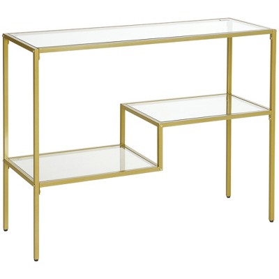 HOMCOM Gold Console Table, 39" Tempered Glass Behind Sofa Table, Narrow Entryway Table with Storage Shelves, Steel Frame Glass Table