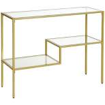 HOMCOM Gold Console Table, 39" Tempered Glass Behind Sofa Table, Narrow Entryway Table with Storage Shelves, Steel Frame Glass Table