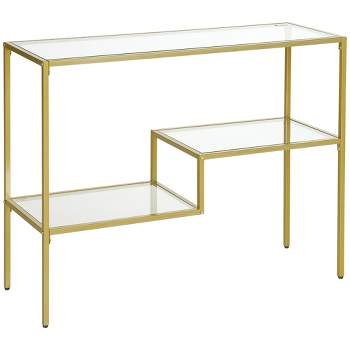 HOMCOM Gold Console Table, 39" Tempered Glass Behind Sofa Table, Narrow Entryway Table with Storage Shelves, Steel Frame Glass Table