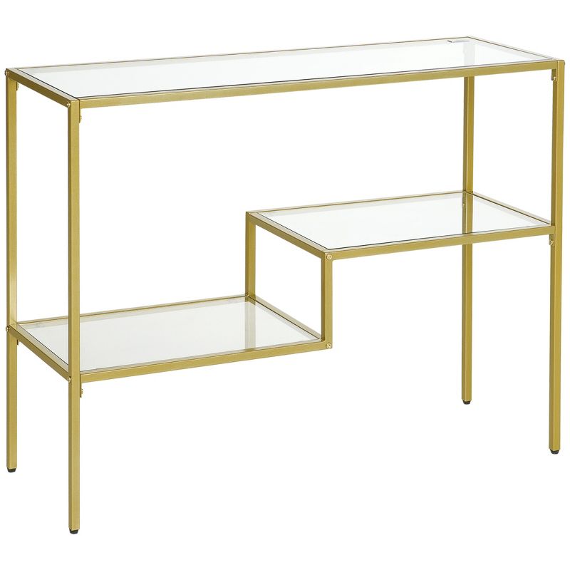 HOMCOM Gold Console Table, 39" Tempered Glass Behind Sofa Table, Narrow Entryway Table with Storage Shelves, Steel Frame Glass Table, 1 of 7