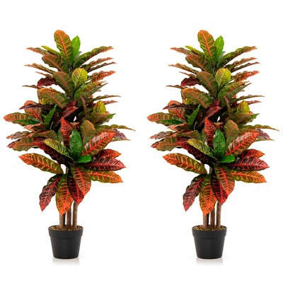 Tangkula 40" Tall Artificial Croton Plant w/ Colorful Variegated Leaves & Natural Wood Trunks