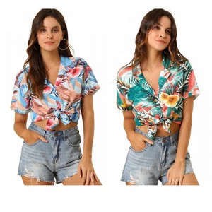 Allegra K Women's Hawaiian Floral Leaves Printed Short Sleeve Button Down Vintage Shirt 2 Pcs - 1 of 4