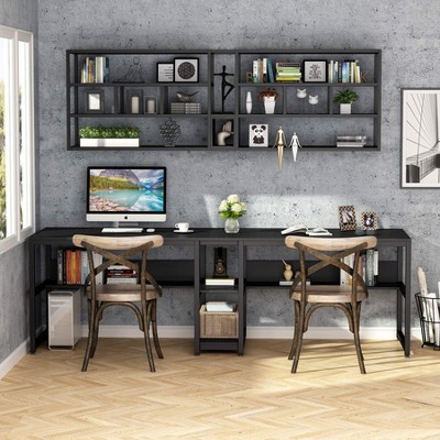 Black Double Workstation Desk with Shelves for Two