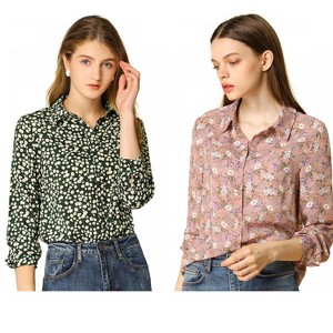 INSPIRE CHIC Women's Point Collar Long Button Sleeve Button Down Floral Shirt 2 Packs - 1 of 4