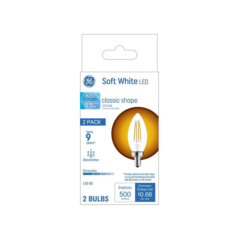 GE 2pk 5.5 Watts Soft White Candelabra Base Decorative Light Bulbs, 1 of 7