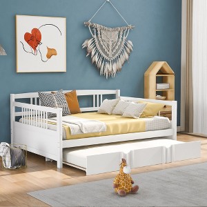 Full Size Daybed With Twin Trundle, Wooden Full Size Daybed Bed Frame With Rails For Bedroom Living Room No Box Spring Needed - 1 of 4