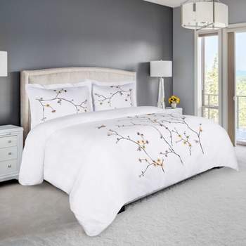 Floral Embroidered Modern Cotton Duvet Cover and Pillow Sham Set by Blue Nile Mills