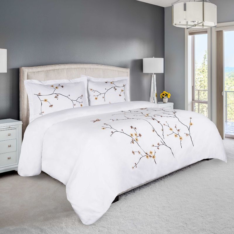 Floral Embroidered Modern Cotton Duvet Cover and Pillow Sham Set by Blue Nile Mills, 1 of 5