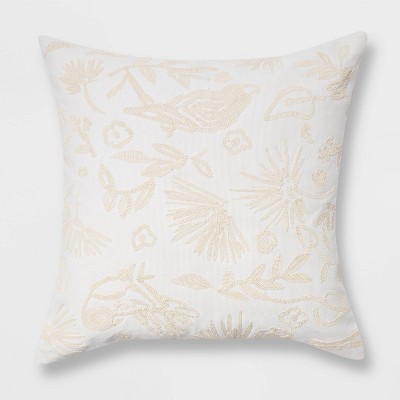 Oversized Embroidered Bird and Botanical Pattern Square Throw Pillow White - Opalhouse™