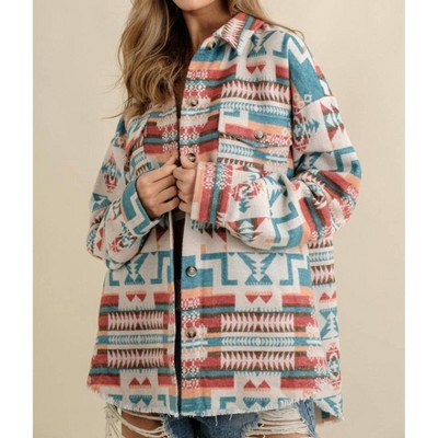 Women's Frayed Aztec Western Shacket - Blue B