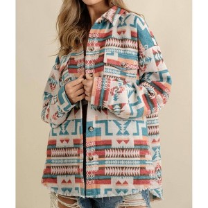 Women's Frayed Aztec Western Shacket - Blue B - 1 of 3