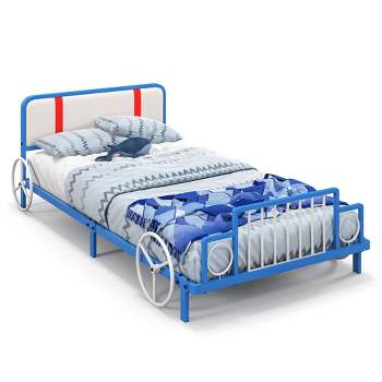 Tangkula Twin Size Kids Bed Frame Car Shaped Metal Platform Bed w/ Upholstered Headboard