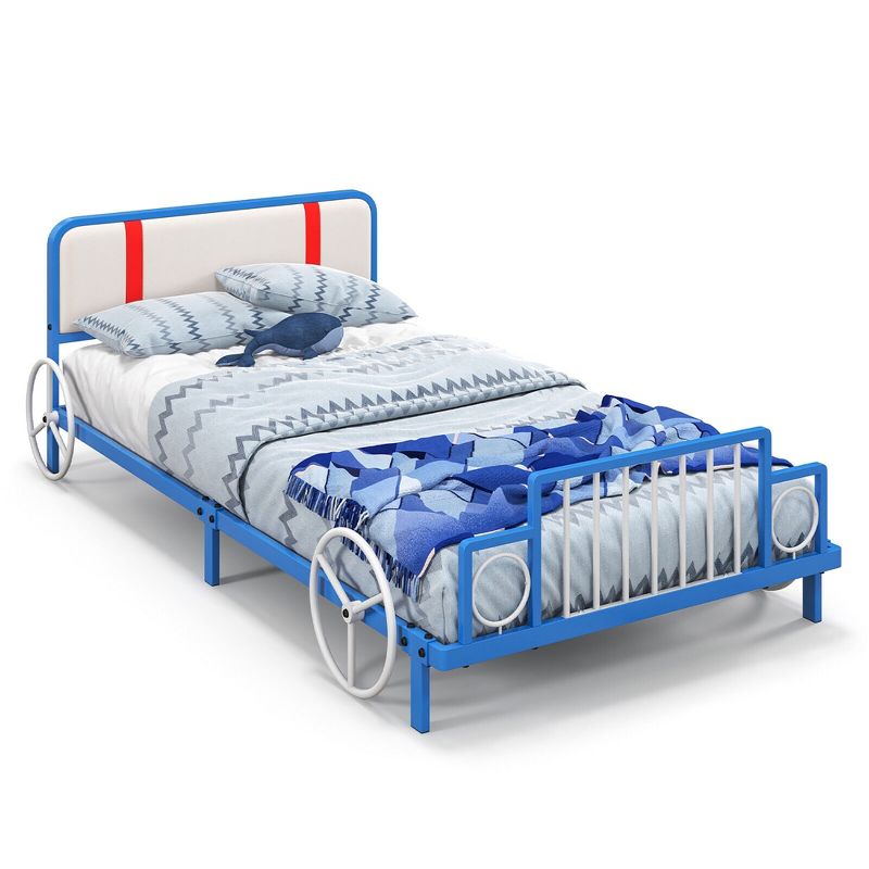 Tangkula Twin Size Kids Bed Frame Car Shaped Metal Platform Bed w/ Upholstered Headboard, 1 of 11