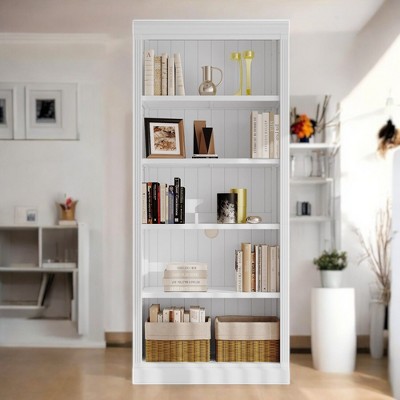 Alilang 35.83 Inch White Wooden Bookshelf with Adjustable Shelves and Vertical Panel Design - White