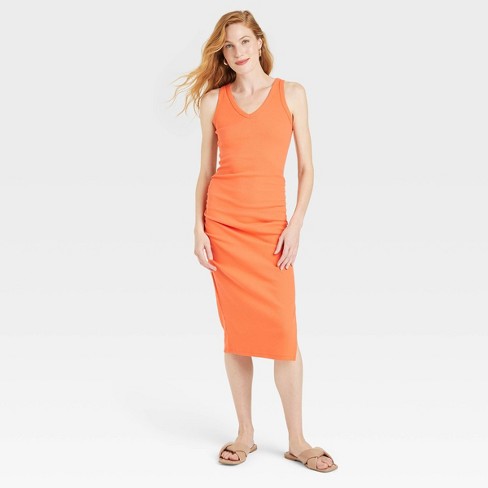 Orange Rib Ruched Sides Strappy Bodycon Dress