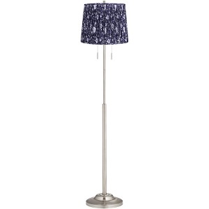 360 Lighting Abba Modern 65" Tall Standing Floor Lamp Skinny Pole Twin Pull Chain Silver Metal Brushed Steel Finish Bedroom Pleated Deep Blue Shade - 1 of 4