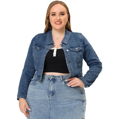 Agnes Orinda Women's Plus Size Cropped Long Sleeve Trendy Fashion Denim Jean Jackets