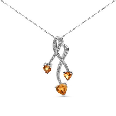 Haus of Brilliance Silver 3-Stone Heart Shape Citrine and Diamond Accent Spiral Drop Pendant