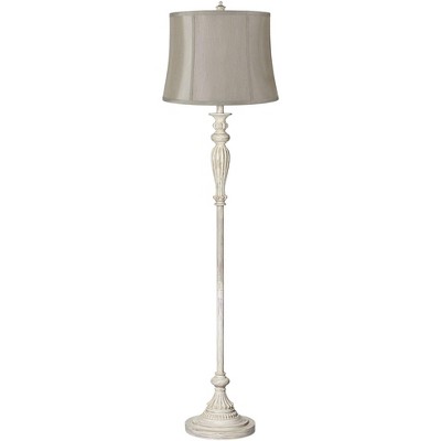 360 Lighting Vintage Shabby Chic Floor Lamp Antique White Gray Fabric Drum Shade for Living Room Reading Bedroom Office