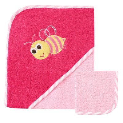 Luvable Friends Baby Girl Cotton Hooded Towel and Washcloth, Bee, One Size
