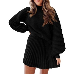 Imily Bela Womens Mock Neck Ribbed Sweaters Mini Skirt Fall Winter 2 Piece Skirt Sets Two Piece Outfits - 1 of 4