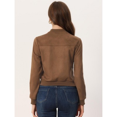 INSPIRE CHIC Women's Faux Suede Cropped Stand Collar Zip-Up Bomber Jackets Small Brown — фото 3
