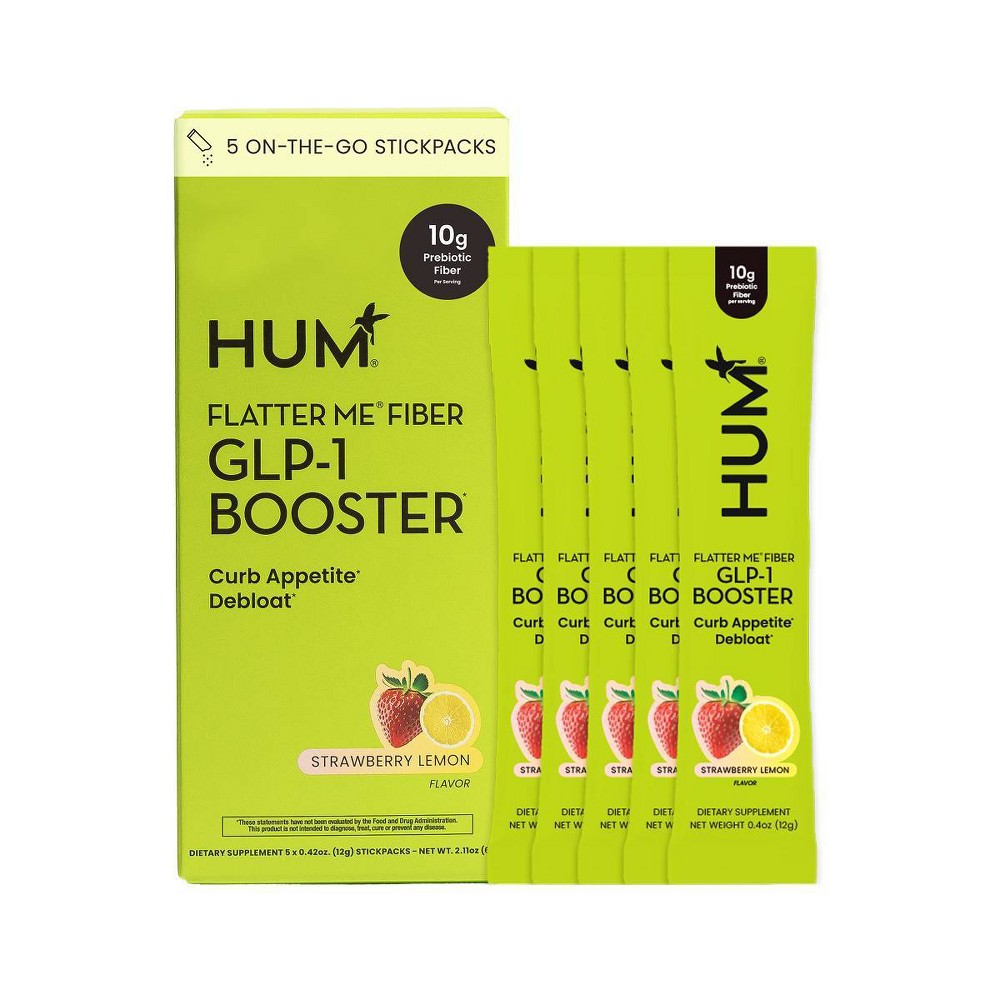HUM Nutrition Flatter Me Fiber GLP-1 Booster Stick Pack - Strawberry Lemon - 5ct: Non-GMO, Vegan