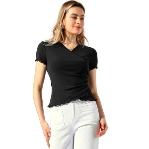 Allegra K Women's Mesh Sheer V Neck Cross Wrap Short Sleeve Ruffled Summer Top - 1 of 4